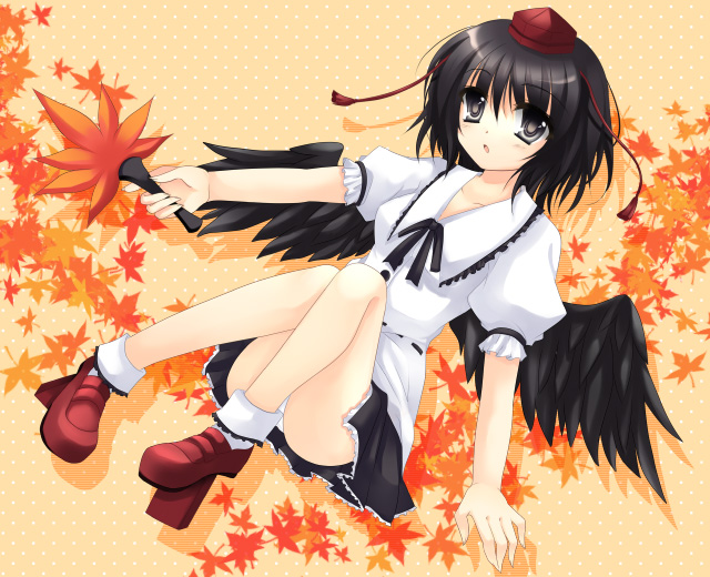 takase kanan, shameimaru aya, touhou, red footwear, bad id, bad pixiv id, 1girl, black hair, black wings, female focus, geta, grey eyes, hat, leaf, looking at viewer, shoes, solo, tengu-geta, wings