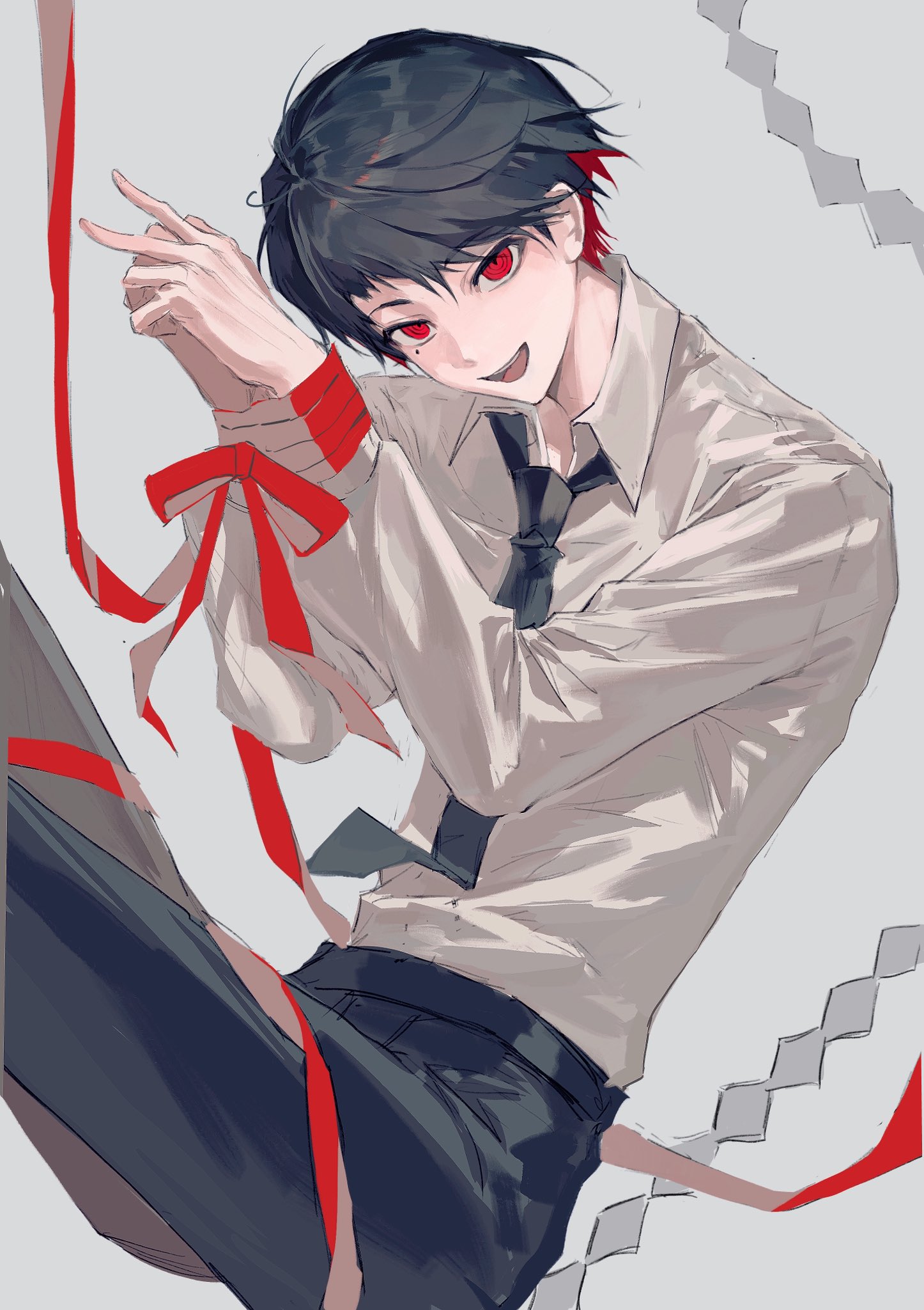 sona (lnjixn), ooe (game), highres, 1boy, black hair, black necktie, black pants, bound, bound wrists, collared shirt, grey background, long sleeves, looking at viewer, male focus, mole, mole under eye, multicolored hair, necktie, open mouth, pants, red eyes, red hair, red ribbon, ribbon, shiodome (ooe), shirt, short hair, simple background, smile, solo, white background, white shirt