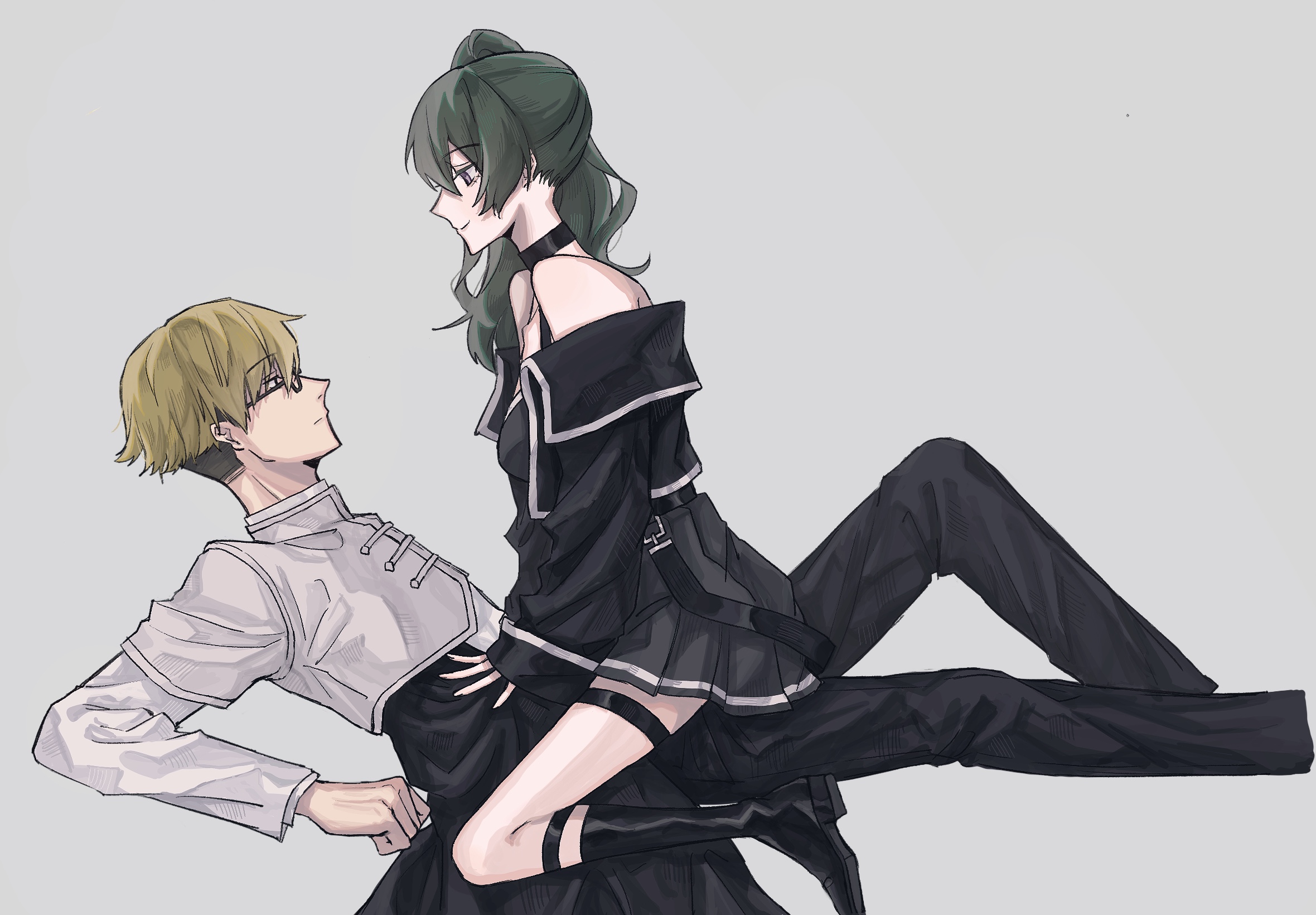 land (sousou no frieren), ubel (sousou no frieren), sousou no frieren, highres, 1boy, 1girl, bare shoulders, black-framed eyewear, black choker, blank stare, blonde hair, boots, choker, collared shirt, girl on top, glasses, green hair, jacket, long hair, long sleeves, looking at another, looking up, lying, on person, ponytail, shirt, short hair, sitting, sitting on person, skirt, smile, u (artist), white background, white shirt