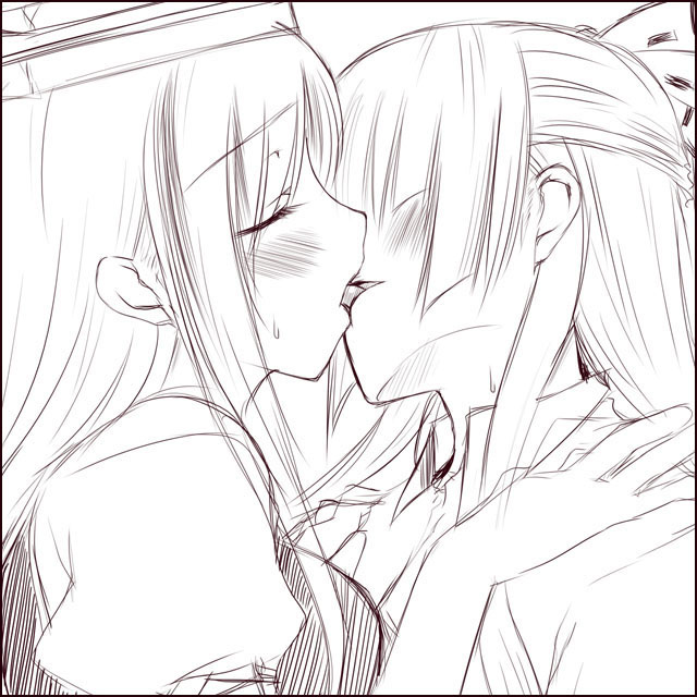oohira sansetto, oohira sunset, fujiwara no mokou, kamishirasawa keine, touhou, 2girls, blush, bow, closed eyes, couple, female focus, french kiss, greyscale, hair bow, hair ribbon, hat, kiss, monochrome, multiple girls, no eyes, ribbon, tongue, yuri