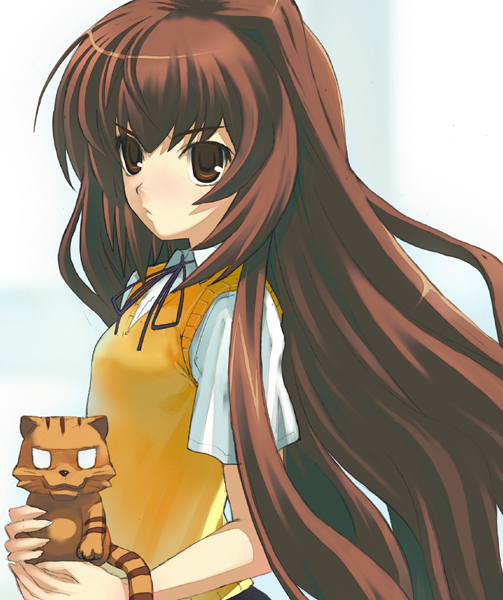 hirokiku, aisaka taiga, palmtop tiger, toradora!, bad id, bad pixiv id, 00s, 1girl, brown eyes, brown hair, cat, female focus, long hair, solo, tiger