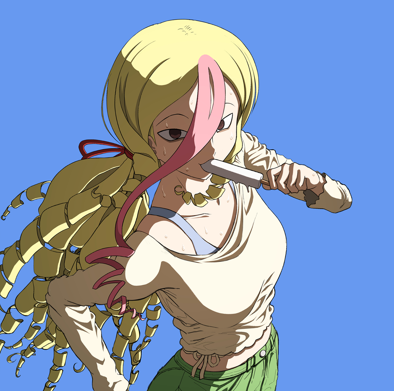 kyamuu, tanba toshio, indie virtual youtuber, highres, 1girl, blonde hair, blue eyes, eating, food, long hair, long sleeves, looking at viewer, multicolored hair, pink hair, popsicle, sweat, two-tone hair, virtual youtuber