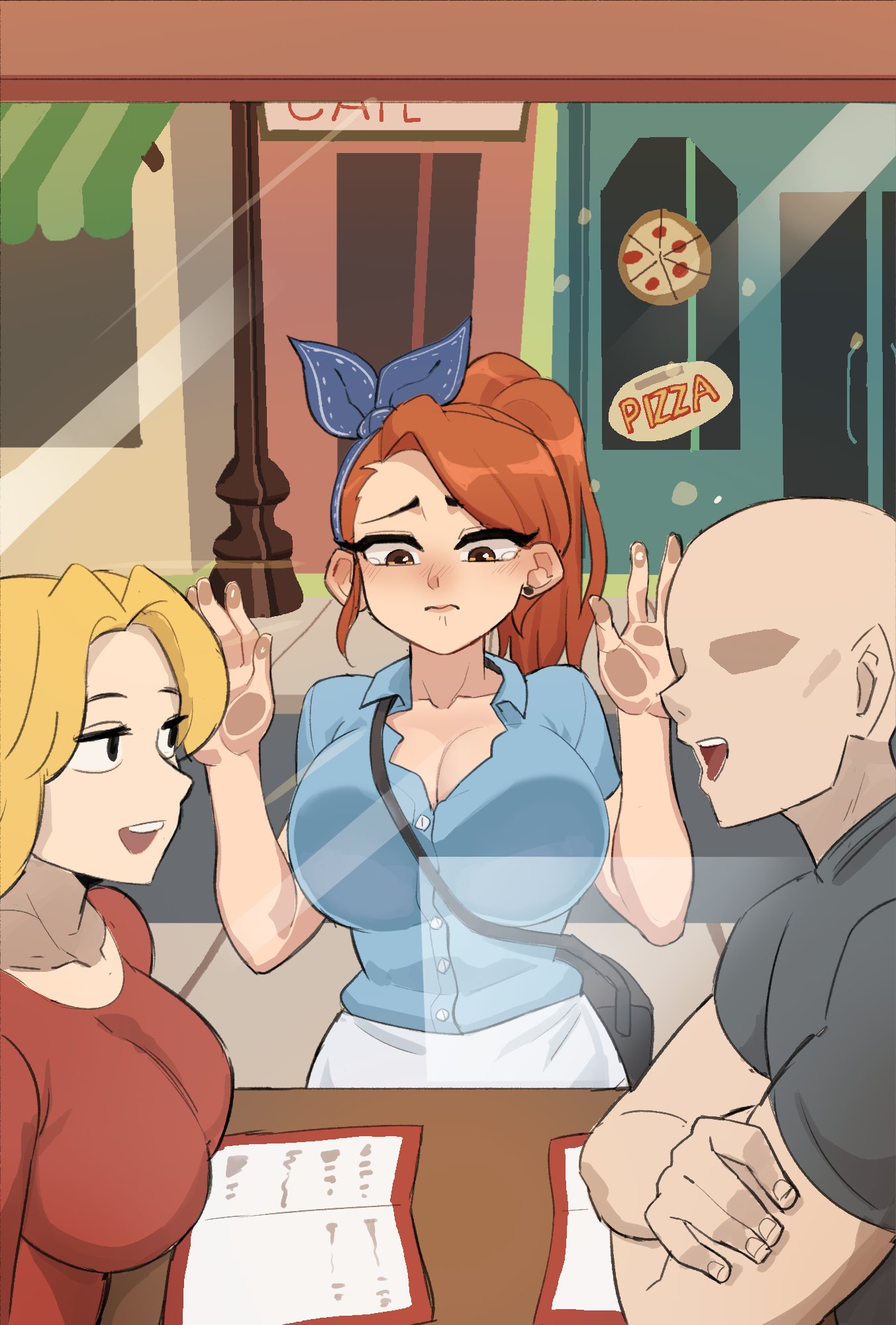 hyyun ho, june (hyyun ho), original, commentary, english commentary, highres, 1boy, 2girls, against glass, bald, black bag, black shirt, blonde hair, blue ribbon, blue shirt, breast press, breasts, breasts on glass, cleavage, closed mouth, collarbone, collared shirt, diner, earrings, faceless, faceless male, hair ribbon, jewelry, large breasts, multiple girls, open mouth, orange hair, red shirt, ribbon, shirt, teeth, upper teeth only