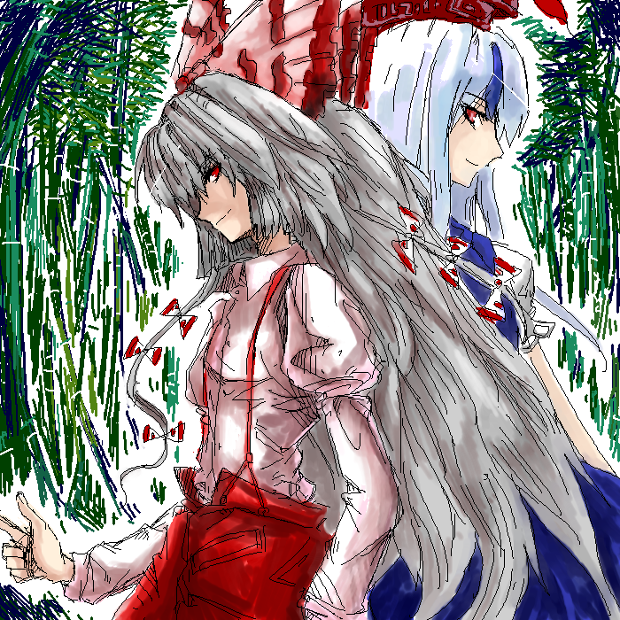 fujiwara no mokou, kamishirasawa keine, touhou, silver hair, 2girls, back-to-back, blue dress, dress, female focus, long hair, long sleeves, looking at viewer, multiple girls, oekaki, pants, shirt, standing, suspenders, very long hair, white shirt