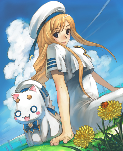 hirokiku, alicia florence, aria pokoteng, aria (manga), 00s, 1girl, arm support, blonde hair, blouse, blue eyes, bug, cat, cloud, contrail, dandelion, day, dutch angle, female focus, flower, grass, hat, insect, ladybug, long hair, looking at viewer, outdoors, shirt, short sleeves, sitting, sky, solo, white shirt