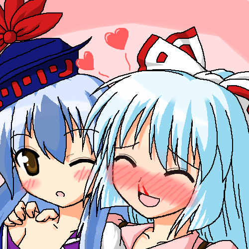 fujiwara no mokou, kamishirasawa keine, touhou, lowres, 2girls, ^ ^, blood, blush, closed eyes, female focus, heart, multiple girls, nosebleed
