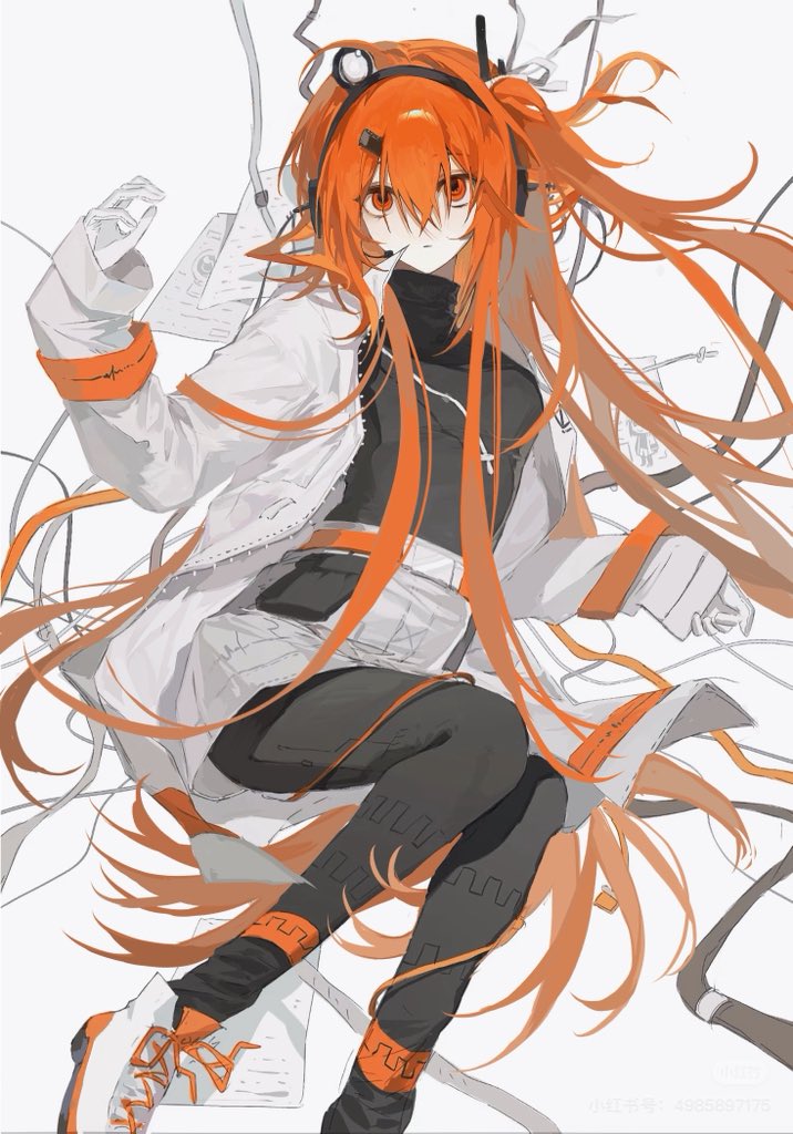sona (lnjixn), adachi rei, utau, 1girl, alternate hair length, alternate hairstyle, belt, belt pouch, black leggings, black shirt, cable, closed mouth, expressionless, feet out of frame, floating hair, foot out of frame, gloves, grey skirt, hair between eyes, hair ornament, hair ribbon, hair spread out, hairclip, headlamp, headset, jacket, leggings, long hair, long sleeves, looking at viewer, microphone, one side up, open clothes, open jacket, orange belt, orange eyes, orange hair, pantyhose, pleated skirt, pouch, radio antenna, ribbon, shirt, shoes, simple background, skirt, smile, sneakers, solo, turtleneck, very long hair, white background, white gloves, white jacket, white ribbon