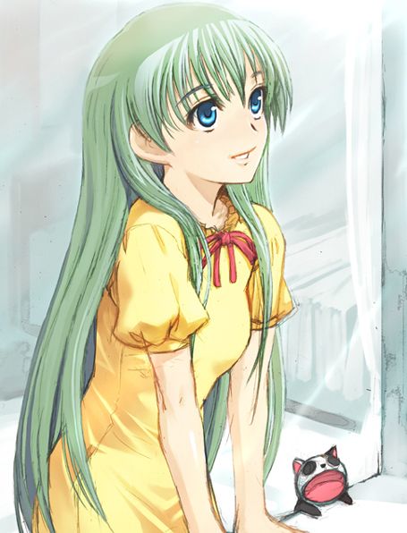 hirokiku, alice carroll, president maa, aria (manga), eyebrows, bad id, bad pixiv id, 00s, 1girl, :d, blue eyes, blush, cat, creature, dress, female focus, green hair, long hair, open mouth, puffy short sleeves, puffy sleeves, short sleeves, smile, solo, upper body, very long hair, yellow dress