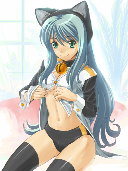 hirokiku, original, silver hair, bad id, bad pixiv id, 1girl, animal ears, aqua eyes, bell, black thighhighs, blue hair, breasts, buruma, cat ears, collar, dressing, fake animal ears, female focus, green eyes, green hair, jingle bell, long hair, matching hair/eyes, midriff, navel, neck bell, sitting, small breasts, smile, solo, thighhighs, underboob