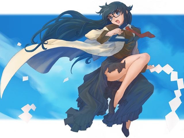 hirokiku, yomiko readman, read or die, bad id, bad pixiv id, 00s, 1girl, black hair, blue eyes, female focus, glasses, legs, long hair, necktie, outdoors, panties, sky, solo, torn clothes, underwear