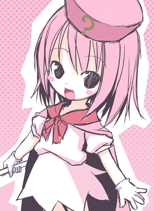 kiira, hatena yousei, benesse, 1girl, ?, cape, fang, female focus, gloves, hat, pink hair, pink hat, solo