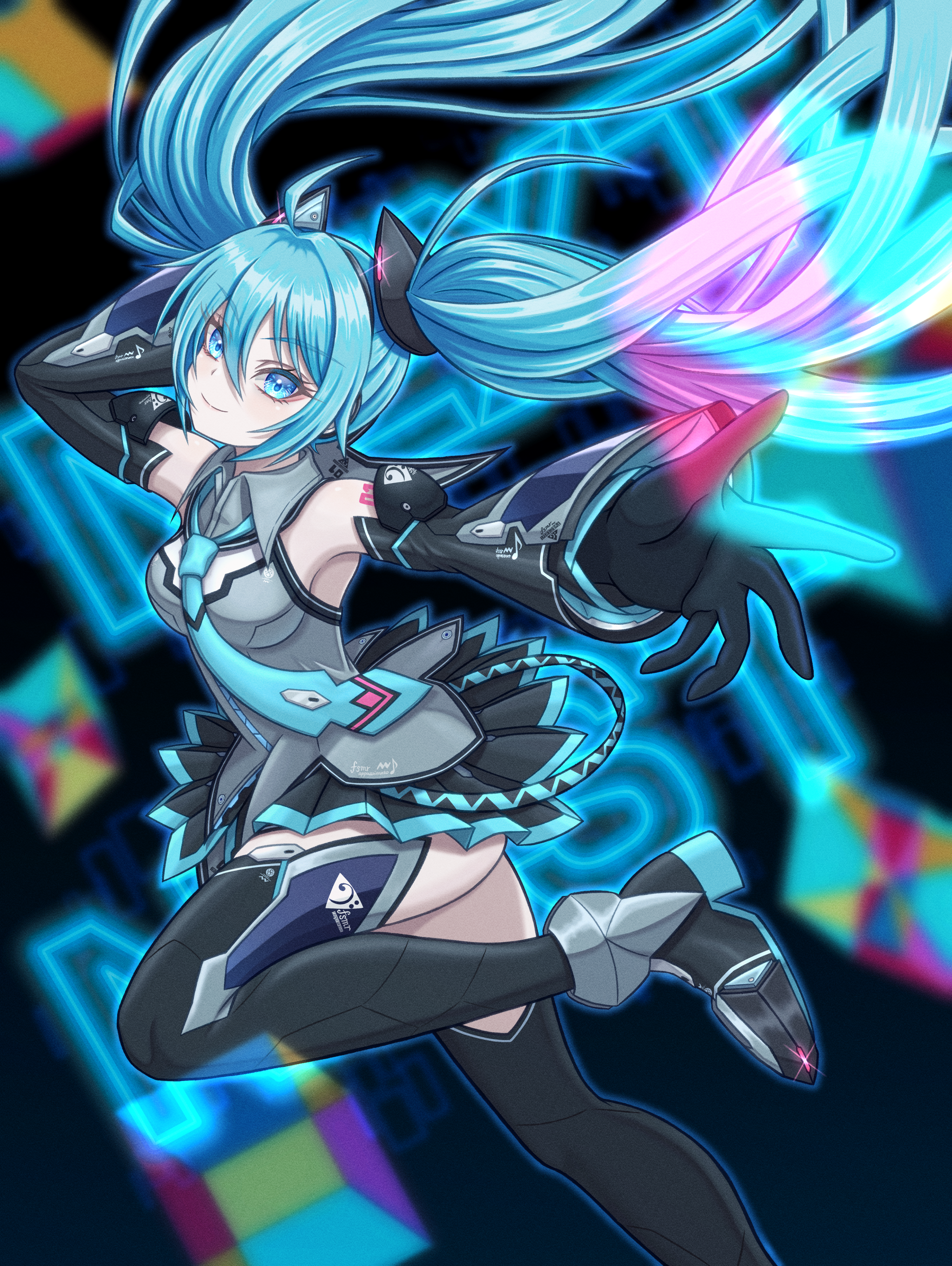 assiette47, hatsune miku, magical mirai miku, magical mirai miku (2014), magical mirai (vocaloid), vocaloid, absurdres, highres, 1girl, aqua eyes, aqua hair, aqua necktie, aqua trim, armpits, black gloves, black skirt, black sleeves, black thighhighs, boots, breasts, closed mouth, collared shirt, detached sleeves, gloves, grey shirt, hair between eyes, hair ornament, long hair, long sleeves, medium breasts, necktie, official alternate costume, official alternate hairstyle, pleated skirt, shirt, skirt, smile, solo, thigh boots, thighhighs, twintails, very long hair, wide sleeves
