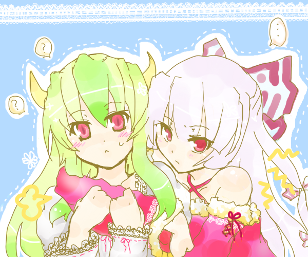 ex-keine, fujiwara no mokou, kamishirasawa keine, touhou, 2girls, female focus, horns, multiple girls
