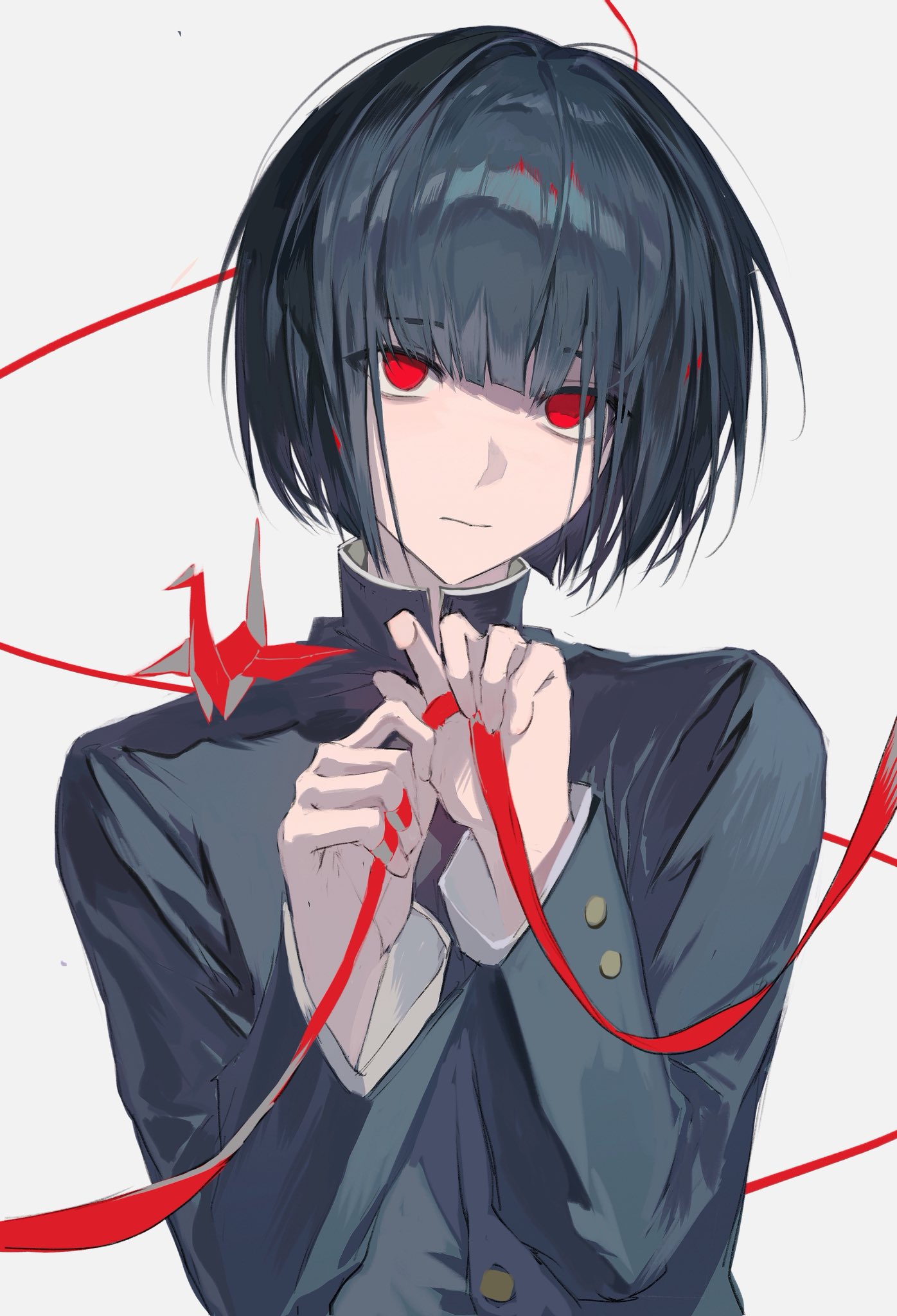 sona (lnjixn), ooe (game), highres, 1boy, black hair, black jacket, blunt bangs, closed mouth, expressionless, gakuran, hands up, hinode (ooe), holding, jacket, long sleeves, looking at viewer, male focus, origami, paper crane, red eyes, red ribbon, ribbon, school uniform, short hair, simple background, solo, string, string of fate, upper body, white background