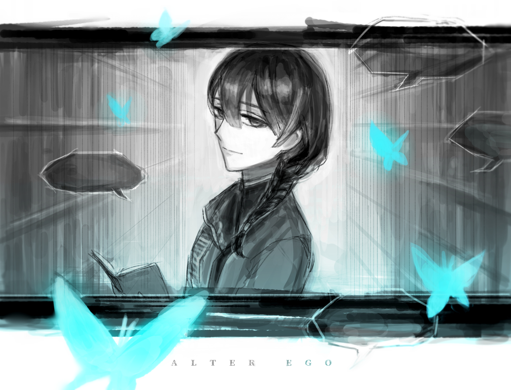 es (alter ego), alter ego (game), highres, tagme, 1girl, black eyes, black hair, blue butterfly, braid, braided ponytail, bug, butterfly, glowing butterfly, grey eyes, insect, jacket, long hair, looking at viewer, monochrome, speech bubble