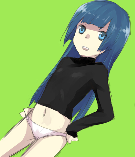 ecocube, eka eri, original, 1girl, blue eyes, blue hair, bottomless, female focus, flat chest, long hair, matching hair/eyes, no pants, panties, solo, underwear