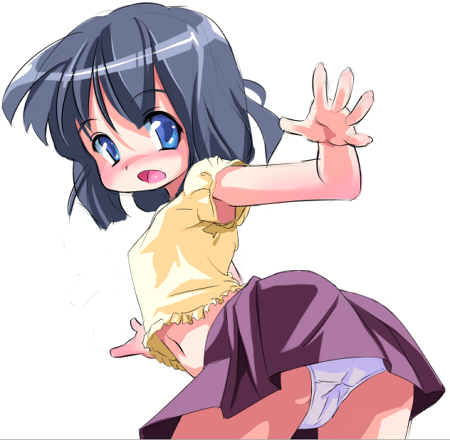 st+1, original, lowres, 1girl, ass, bent over, black hair, blue eyes, blush, breasts, female focus, from behind, looking at viewer, looking back, midriff, navel, open mouth, panties, pantyshot, purple skirt, shirt, short hair, short sleeves, skirt, small breasts, solo, standing, underwear, upskirt, white background, white panties, yellow shirt