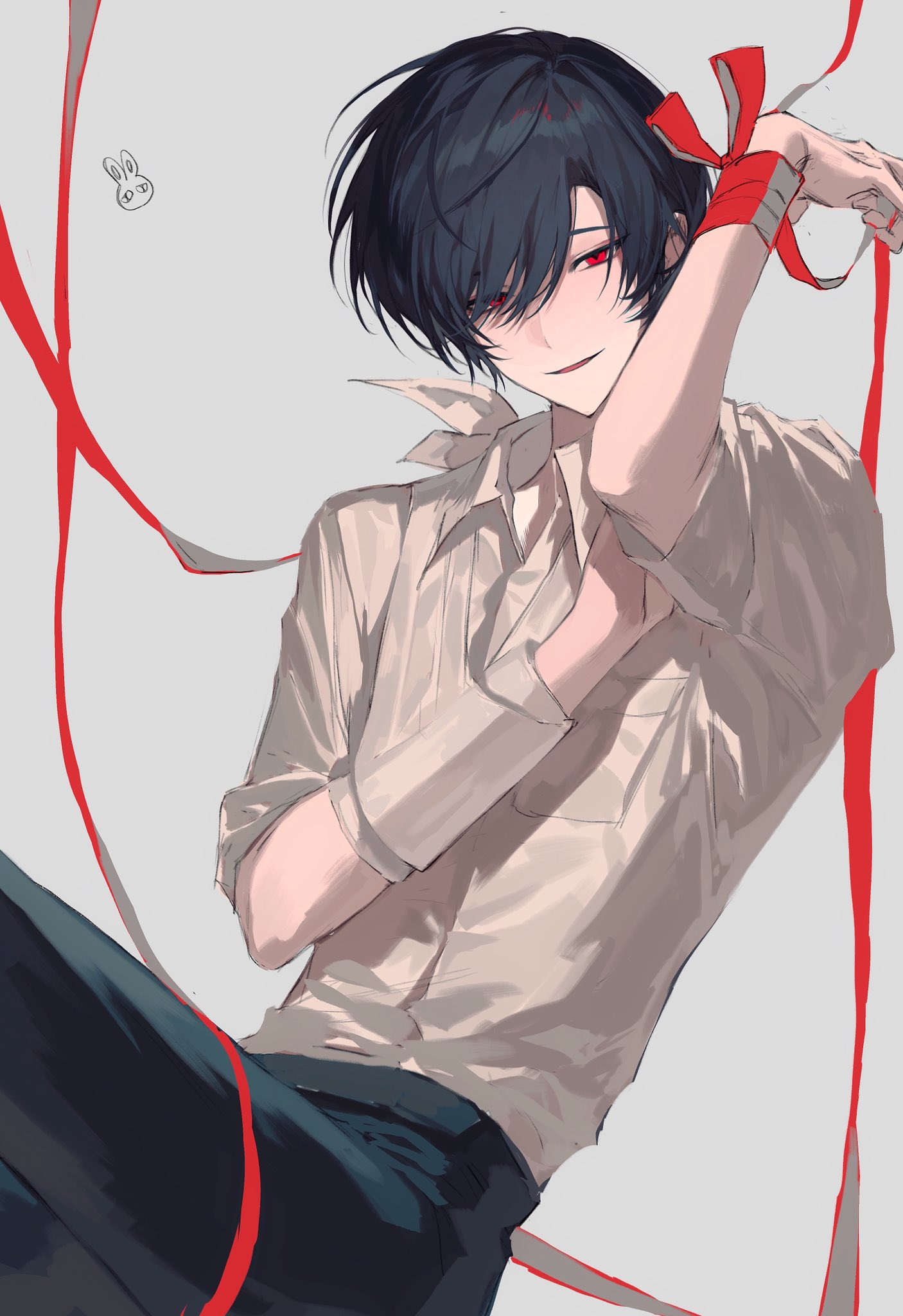 sona (lnjixn), ooe (game), highres, 1boy, ariake (ooe), bandaged arm, bandages, black hair, black pants, collared shirt, grey background, hand up, looking at viewer, male focus, pants, parted lips, red eyes, red ribbon, ribbon, shirt, short hair, simple background, sleeves rolled up, smile, solo, white background, white shirt