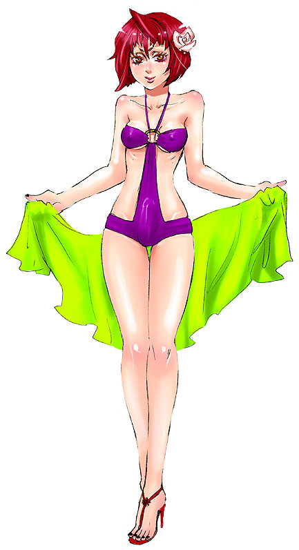 amatake akewo, original, 1futa, black nails, breasts, bulge, casual one-piece swimsuit, collarbone, covered erect nipples, feet, flower, full body, futanari, hair flower, hair ornament, high heel sandals, high heels, nail polish, one-piece swimsuit, open shoes, orange eyes, red hair, ribs, rose, sandals, shoes, short hair, small breasts, solo, swimsuit, thigh gap, thighs, toenail polish, toenails, toes, towel, underboob