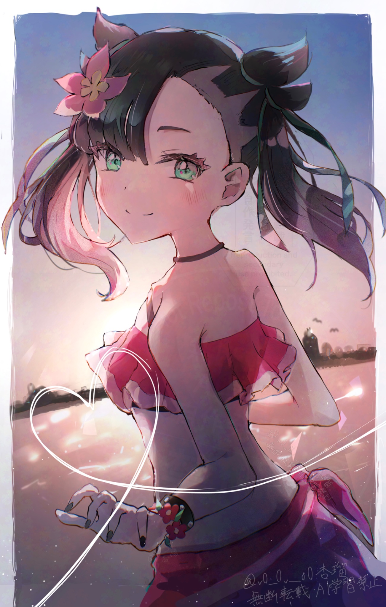 anzu (v0 0v o0), marnie (pokemon), marnie (summer 2021) (pokemon), nintendo, pokemon, pokemon masters ex, highres, 1girl, asymmetrical bangs, back, bare shoulders, bikini, black choker, black hair, blush, bracelet, choker, closed mouth, criss-cross halter, flower, flower bracelet, green eyes, green ribbon, hair flower, hair ornament, hair ribbon, halterneck, hibiscus, jewelry, looking at viewer, official alternate costume, outdoors, pink bikini, pink flower, pink sarong, red sarong, ribbon, sarong, smile, solo, sunset, swimsuit, twintails