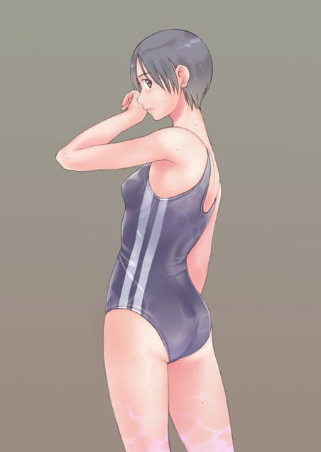 takeda sun, original, 1girl, ass, double vertical stripe, female focus, flat ass, one-piece swimsuit, school swimsuit, solo, swimsuit