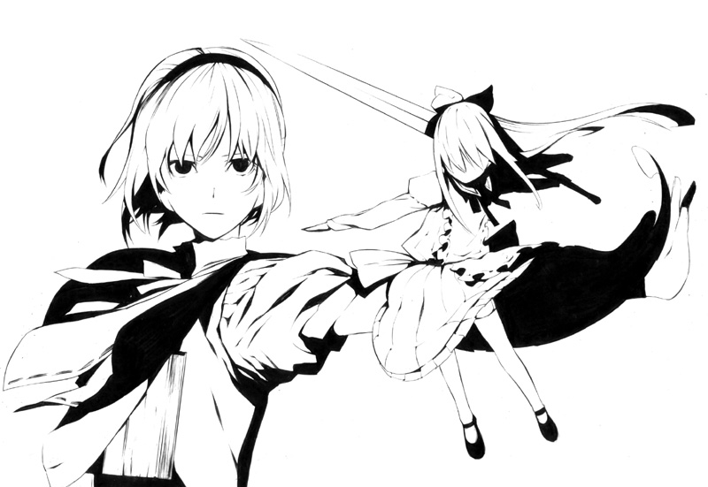 onigunsou, alice margatroid, shanghai doll, touhou, 1girl, book, bow, capelet, doll, expressionless, female focus, greyscale, grimoire, grimoire of alice, hair bow, hair over eyes, hairband, holding, mary janes, monochrome, outstretched arm, outstretched hand, shoes, short hair, skirt, solo, sword, upper body, weapon, white background