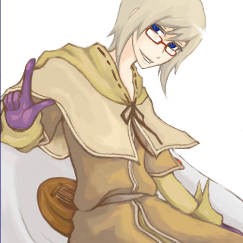bard (ragnarok online), ragnarok online, commentary request, lowres, 1boy, acoustic guitar, blonde hair, blue eyes, brown shirt, brown shoes, cape, glasses, gloves, grin, guitar, holding, holding instrument, instrument, layered sleeves, long sleeves, looking at viewer, male focus, purple gloves, red-framed eyewear, robert (pixiv194826), shirt, shoes, short hair, short over long sleeves, short sleeves, simple background, smile, solo, upper body, white background, white cape