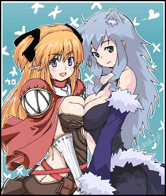 amami amayu, creator (ragnarok online), stalker, stalker (ragnarok online), ragnarok online, 2girls, :3, animal ears, artist name, breast press, breasts, butt crack, capelet, cat ears, cleavage, crossover, detached sleeves, fur-trimmed sleeves, fur-trimmed waist cape, fur trim, grey hair, large breasts, long hair, looking at viewer, multiple girls, no bra, oekaki, orange hair, pointy ears, sidelocks, simple background, symmetrical docking, very long hair, waist cape, yuri
