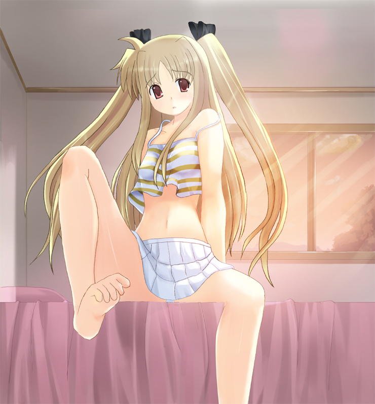 odaya, odayan, fate testarossa, lyrical nanoha, mahou shoujo lyrical nanoha, mahou shoujo lyrical nanoha strikers, 00s, 1girl, bad anatomy, bad feet, barefoot, blonde hair, camisole, feet, female focus, poorly drawn, solo