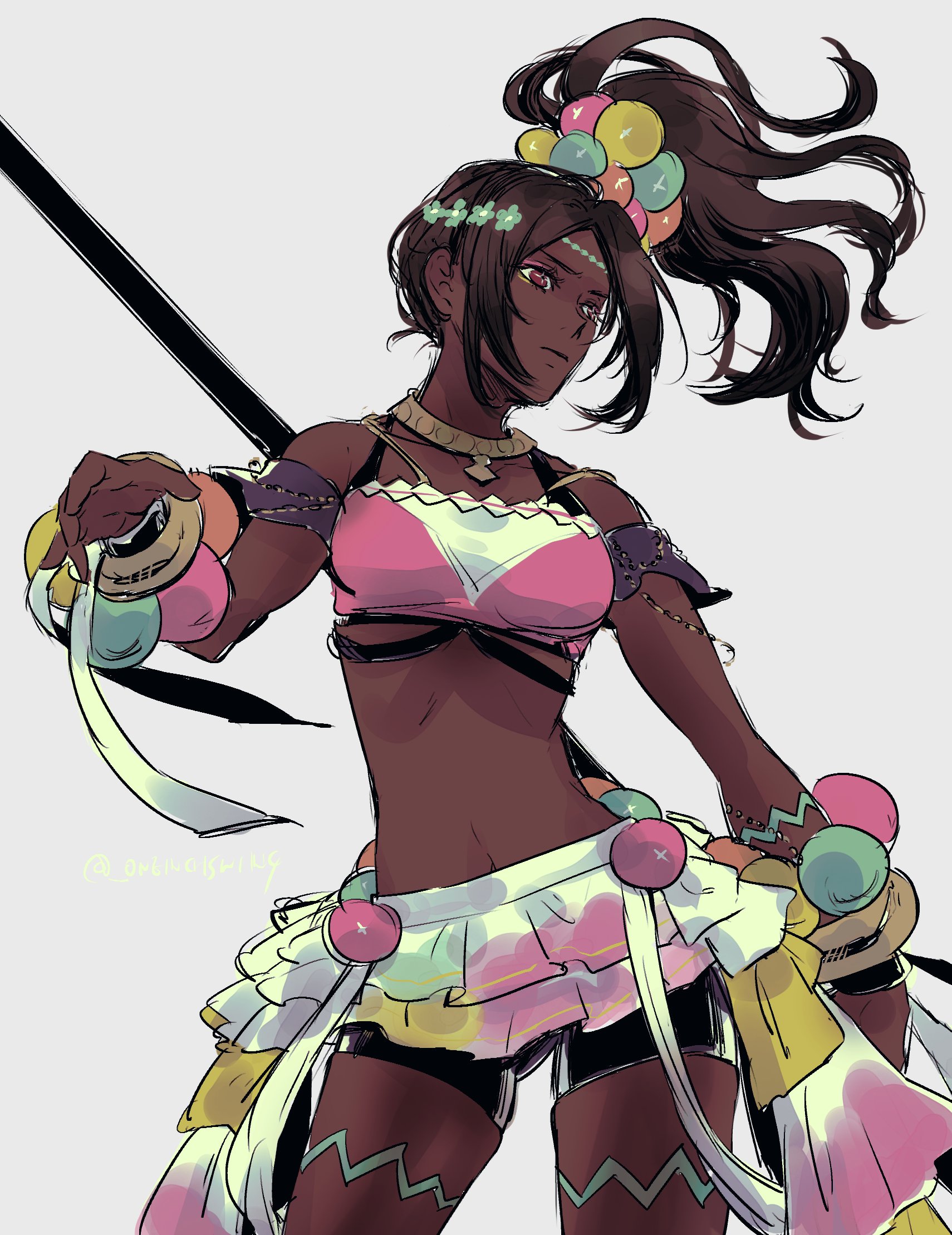 umi ( oneinchswing), timerra (fire emblem), fire emblem, fire emblem engage, nintendo, highres, 1girl, bare shoulders, black shorts, bracelet, breasts, brown hair, closed mouth, crop top, dark-skinned female, dark skin, hair ornament, holding, holding polearm, holding weapon, jewelry, lance, long hair, midriff, navel, neck ring, pearl belt, pearl bracelet, pearl hair ornament, polearm, ponytail, red eyes, shorts, shorts under skirt, simple background, skirt, solo, star-shaped pupils, star (symbol), symbol-shaped pupils, very dark skin, weapon, white background