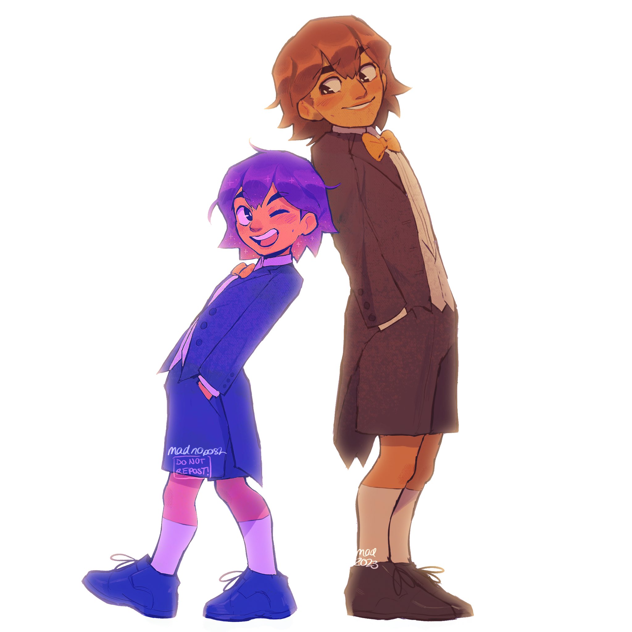 madnopost, kel (faraway) (omori), kel (headspace) (omori), kel (omori), omori, highres, 2023, 2boys, alternate costume, alternate skin color, artist name, black shorts, bow, bowtie, brown eyes, brown hair, brown shoes, dark-skinned male, dark skin, double-parted bangs, dual persona, long sleeves, multiple boys, orange bow, orange bowtie, purple hair, purple shoes, purple shorts, shoes, short hair, shorts, simple background, socks, white background, white socks