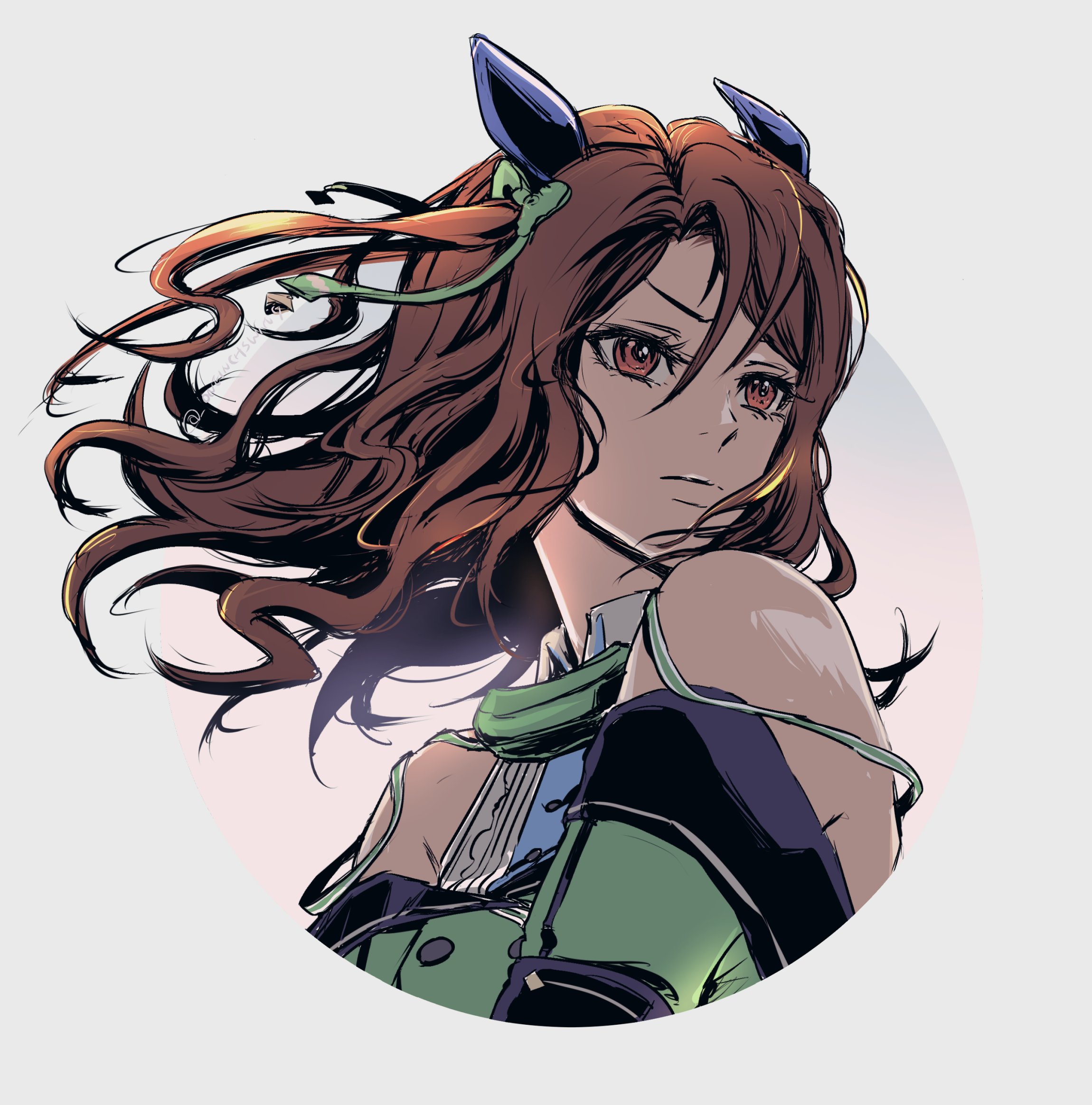umi ( oneinchswing), king halo (umamusume), umamusume, highres, 1girl, animal ears, bare shoulders, bow, breasts, brown hair, closed mouth, dress, ear bow, ear covers, ear ribbon, green bow, green dress, horse ears, horse girl, long hair, portrait, red eyes, simple background, solo, upper body
