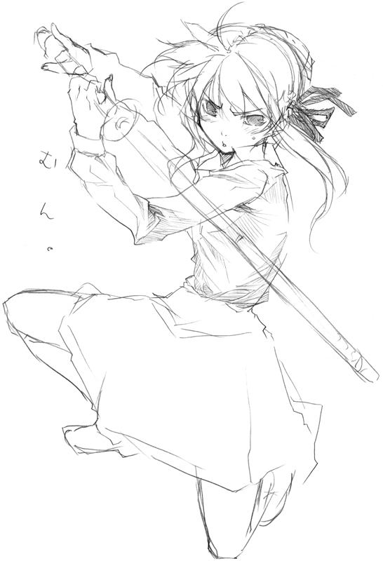 akari maki, artoria pendragon (fate), saber (fate), fate/stay night, fate (series), 00s, greyscale, monochrome, shinai, sketch, solo, sword, weapon