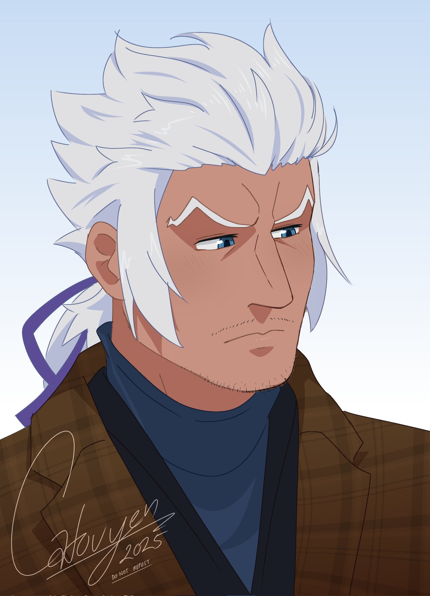 catovyen, classicaloid, commentary, highres, 1boy, aquiline nose, blue background, blue eyes, blue ribbon, blue sweater, brown jacket, closed mouth, dark-skinned male, dark skin, facial hair, gradient background, hair ribbon, jacket, johann sebastian bach (classicaloid), male focus, mature male, mustache stubble, nose, ponytail, portrait, ribbon, solo, sparse stubble, stubble, sweater, upper body, v-shaped eyebrows, white hair