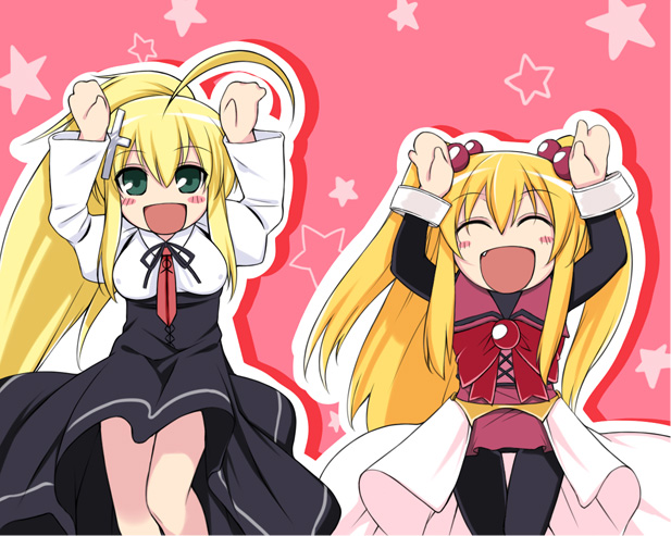aburidashi zakuro, iris sepperin, spiritia rosenberg, rosenkreuzstilette, blonde hair, caramelldansen, gothic lolita, lolita fashion, pantyhose, ponytail, twintails