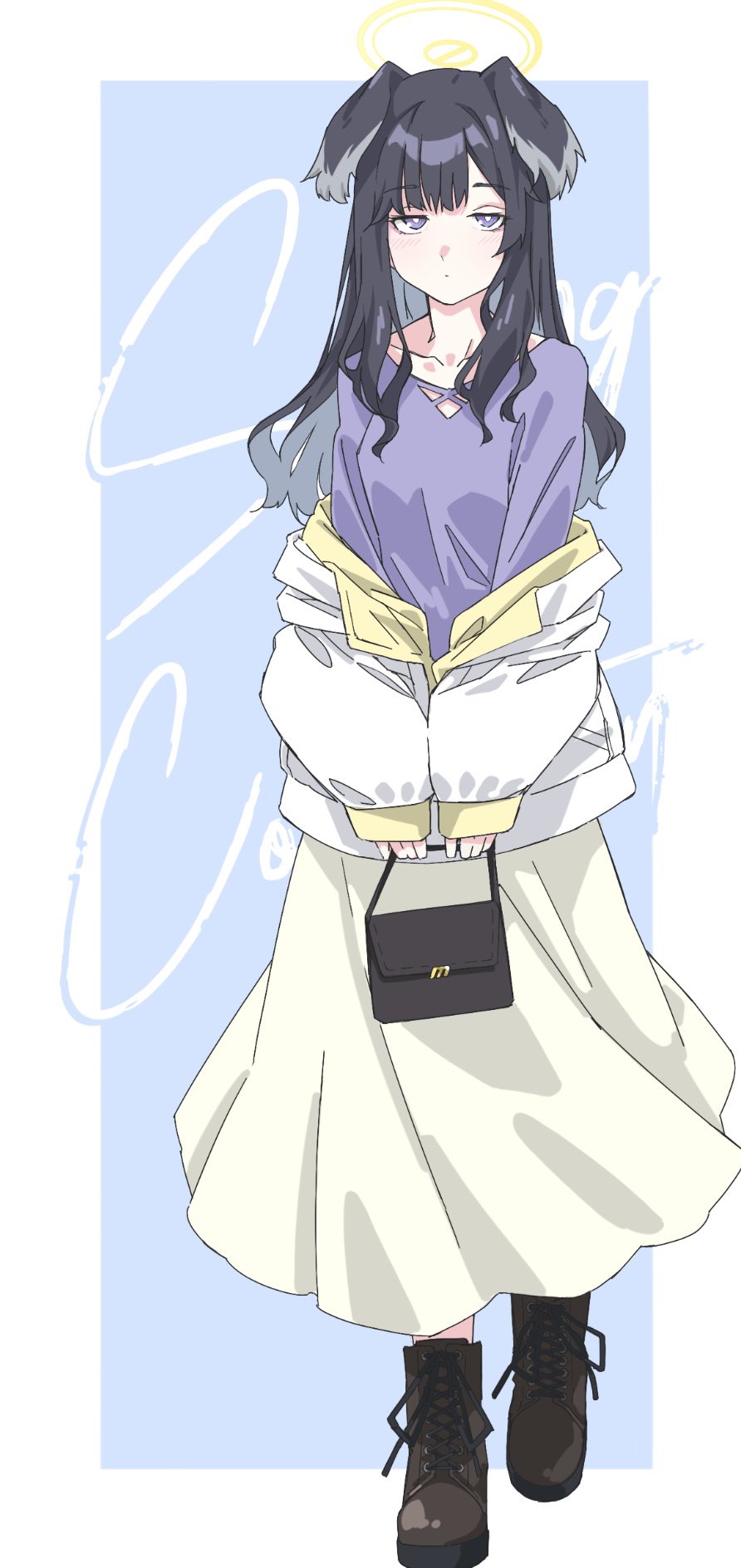 vividnatadecoco, hibiki (blue archive), blue archive, commentary request, highres, 1girl, animal ears, bag, black hair, blue background, boots, border, breasts, brown boots, closed mouth, collarbone, dog ears, full body, handbag, holding, holding bag, jacket, lace-up boots, long hair, long sleeves, looking at viewer, off shoulder, open clothes, open jacket, puffy long sleeves, puffy sleeves, purple eyes, purple shirt, shirt, skirt, sleeves past wrists, small breasts, solo, text background, walking, white border, white jacket, white skirt