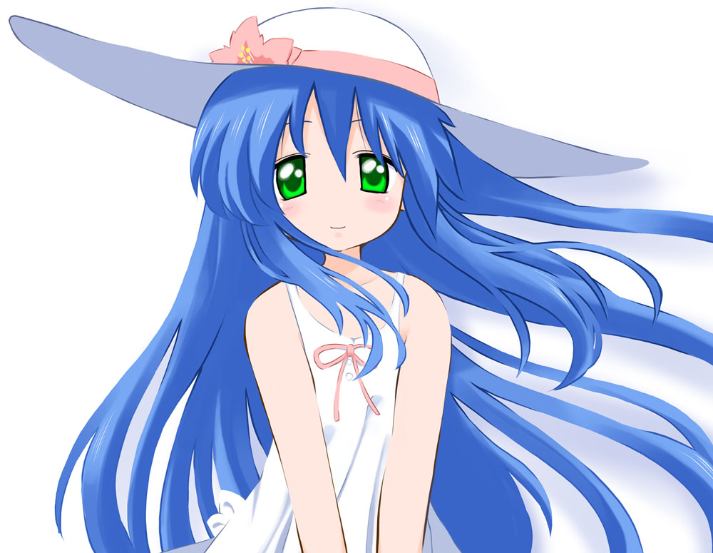 kamia (not found), izumi kanata, lucky star, 00s, 1girl, bare shoulders, blue hair, collarbone, dress, female focus, floating hair, green eyes, hat, long hair, simple background, sleeveless, sleeveless dress, solo, sun hat, sundress, very long hair, white background, white dress, wind