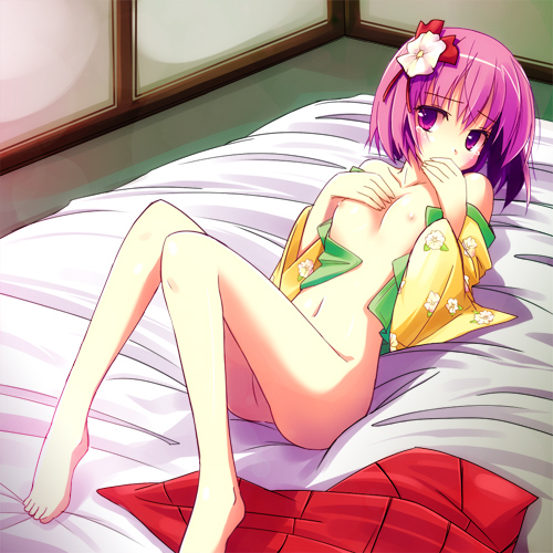 renee, hieda no akyuu, perfect memento in strict sense, touhou, lowres, 1girl, blush, bottomless, covering own mouth, female focus, flat chest, flower, futon, hair ornament, heida no akyuu, lying, nipples, on back, open clothes, purple eyes, purple hair, short hair, solo