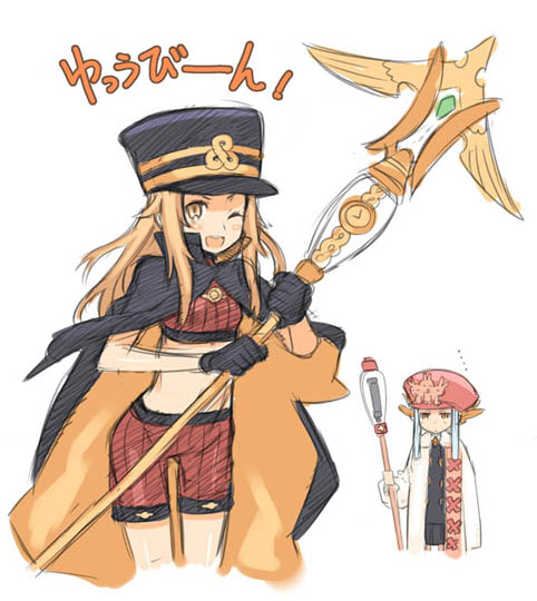 kuroboshi kouhaku, chiaki (shigofumi), fumika, kanaka, shigofumi, 00s, blonde hair, cape, clock, hat, shako cap, staff, wink, yellow eyes