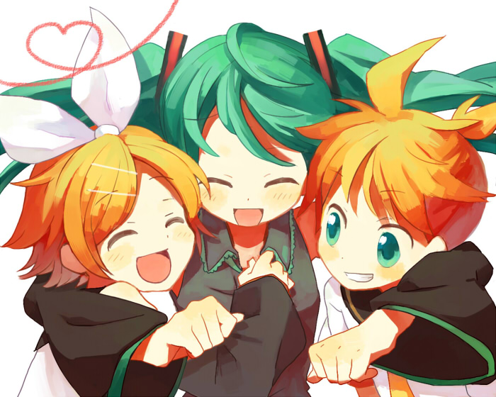 mozu (modagoro), hatsune miku, kagamine len, kagamine rin, vocaloid, 1boy, 2girls, :d, ^ ^, black shirt, blonde hair, blue eyes, blush, brother and sister, closed eyes, collared shirt, detached sleeves, green hair, hair ribbon, heart, hug, long hair, long sleeves, multiple girls, open mouth, ribbon, shirt, short hair, siblings, simple background, smile, teeth, twins, upper body, very long hair, white background