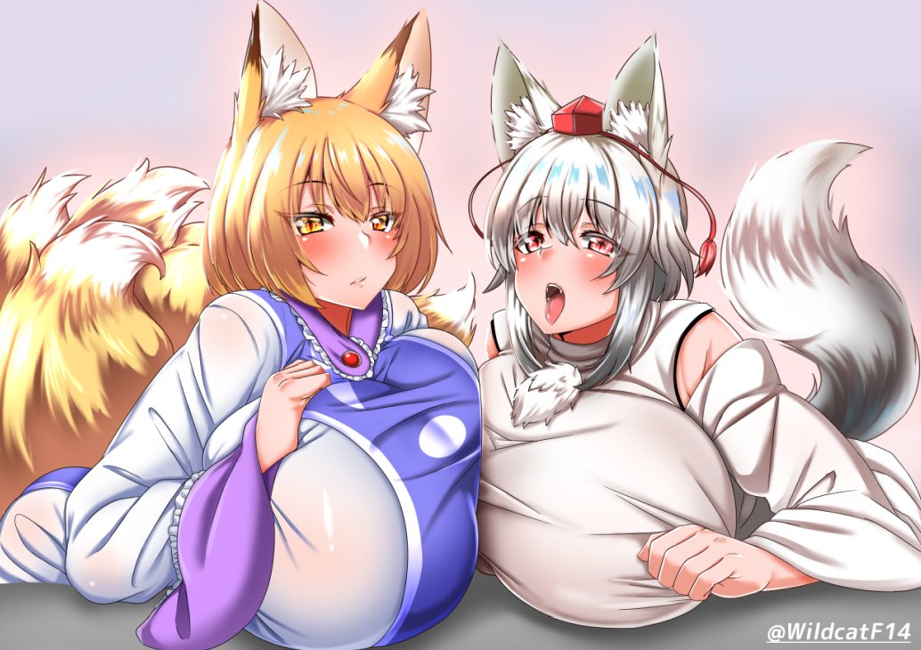 wildcat (kusonemi), inubashiri momiji, yakumo ran, touhou, commentary request, 2girls, animal ear fluff, animal ears, bent over, blonde hair, blue background, blue tabard, blush, breast press, breast rest, breasts, breasts on table, closed mouth, collar, detached sleeves, fang, fox ears, fox girl, fox tail, gradient background, hair between eyes, hat, huge breasts, long sleeves, medium hair, multiple girls, multiple tails, no headwear, open mouth, pink background, pom pom (clothes), purple collar, purple wrist cuffs, red eyes, red hat, shirt, short hair, tabard, table, tail, tokin hat, tongue, tongue out, white hair, white shirt, wide sleeves, wolf ears, wolf girl, wolf tail, wrist cuffs, yellow eyes