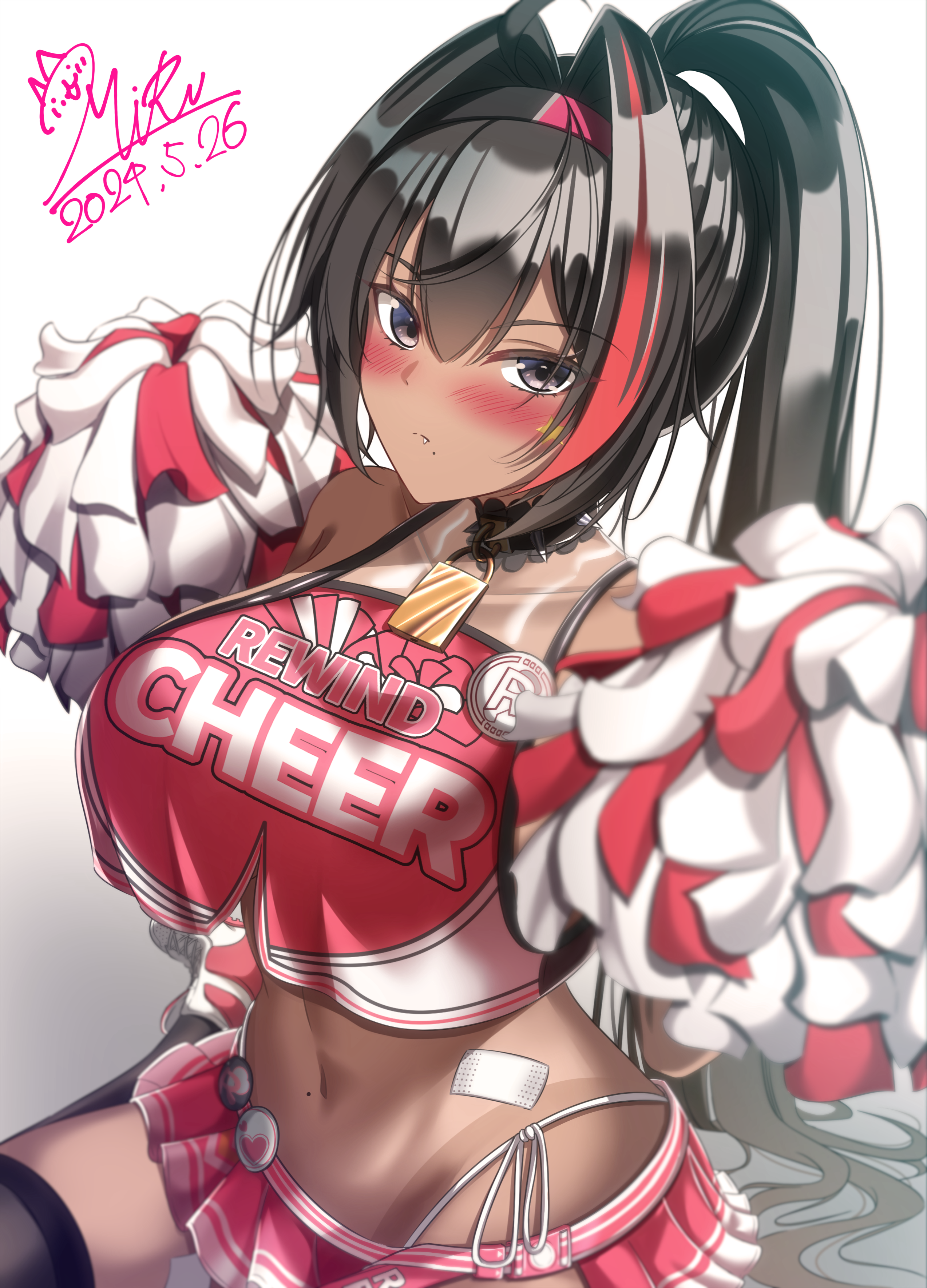 milltyan, bay (nikke), goddess of victory: nikke, absurdres, commentary request, highres, partial commentary, 1girl, ahoge, badge, bandaid on hip, bandaid on thigh, bare shoulders, black hair, black thighhighs, blush, breasts, brown eyes, button badge, cheerleader, clothes writing, collar, crop top, crop top overhang, dark-skinned female, dark skin, dated, fang, hair between eyes, hair intakes, hairband, hands up, highleg, highleg panties, holding, holding pom poms, large breasts, lock, long hair, looking at viewer, mole, mole on stomach, mole under mouth, multicolored hair, navel, padlock, padlocked collar, panties, pom pom (cheerleading), pom poms, ponytail, red hair, side-tie panties, signature, single thighhigh, sitting, solo, spiked collar, spikes, star (symbol), star sticker, sticker, sticker on face, streaked hair, tan, tanline, thighhighs, two-tone skirt, two-tone tank top, underwear, very long hair, wariza, white panties