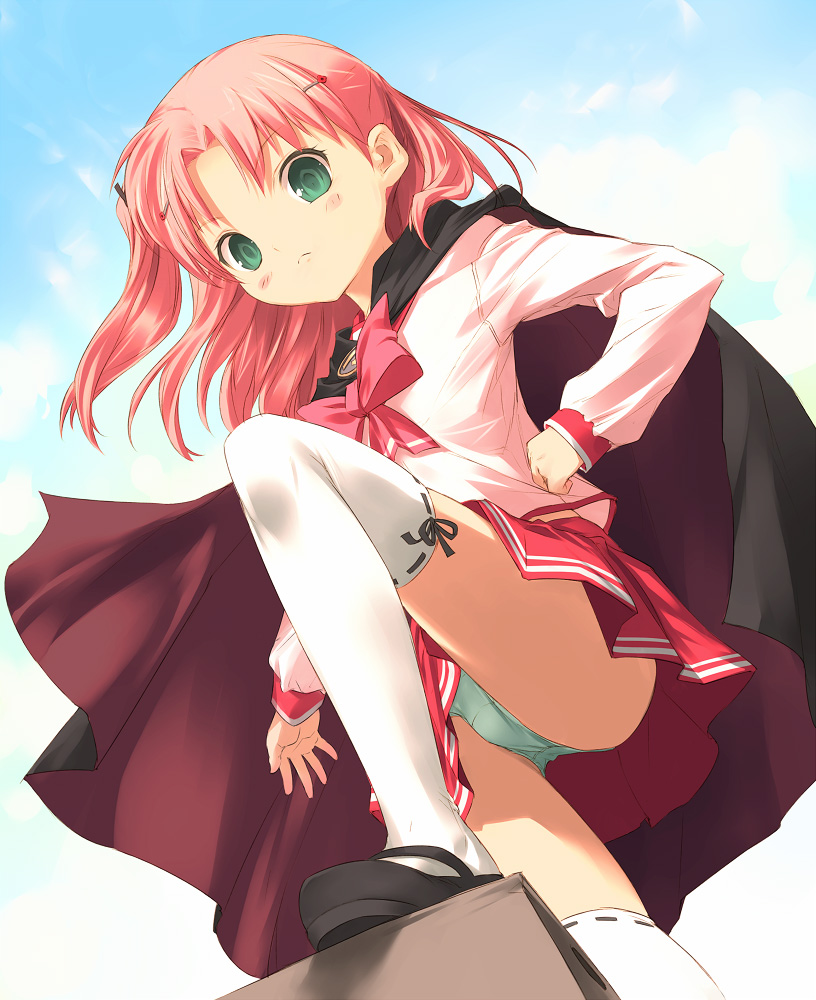 uni (plastic girl), maaryan (to heart), to heart (series), to heart 2, 00s, 1girl, blush, cape, female focus, green eyes, hair ornament, hairclip, panties, pink hair, ribbon-trimmed legwear, ribbon trim, school uniform, serafuku, skirt, solo, thighhighs, underwear, upskirt, white thighhighs, zettai ryouiki