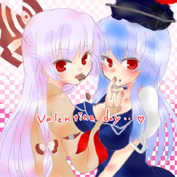 fujiwara no mokou, kamishirasawa keine, touhou, 2girls, between breasts, blush, breasts, female focus, multiple girls, valentine