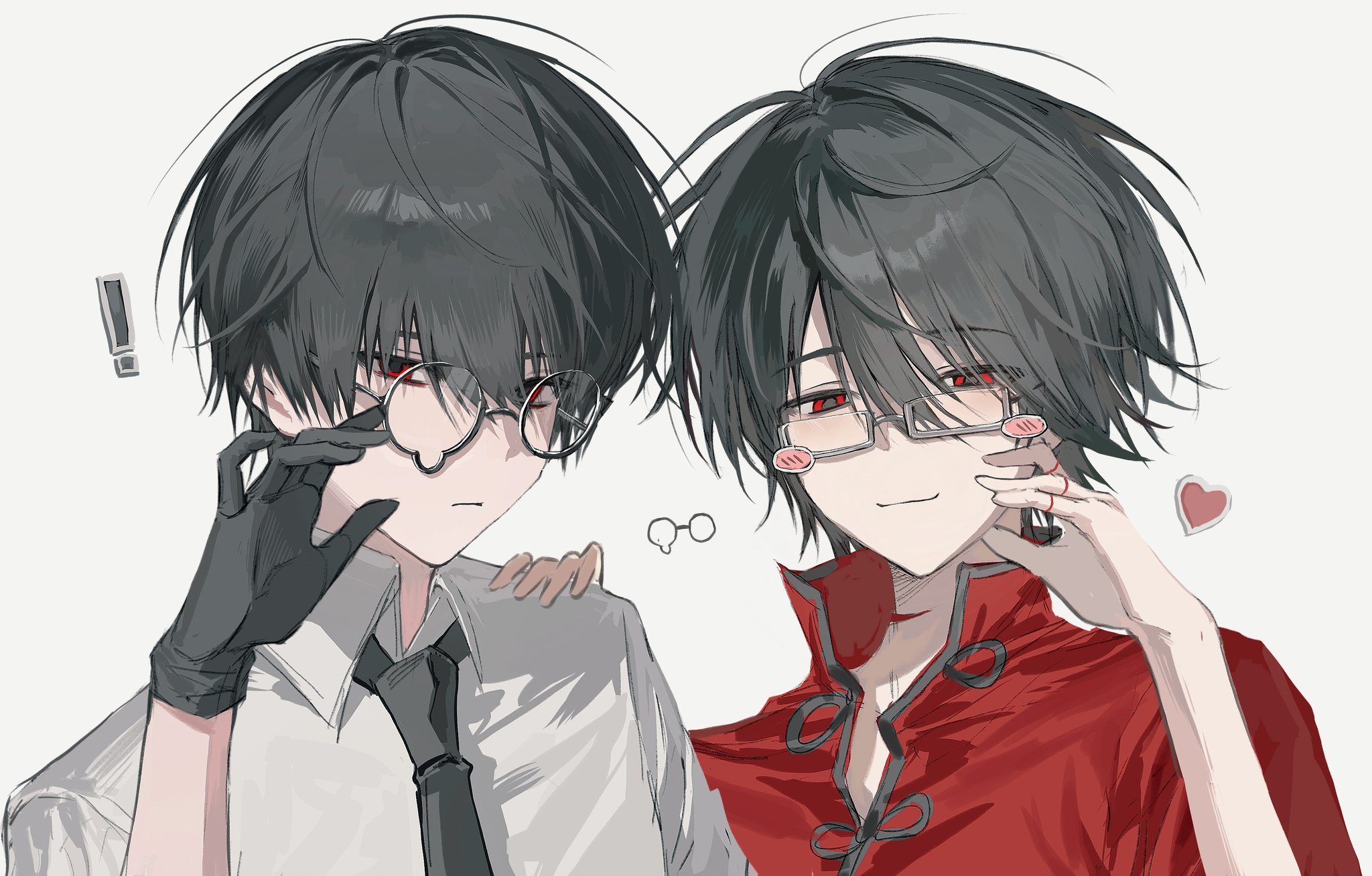 sona (lnjixn), oosaki (ooe), ooe (game), highres, !, 2boys, adjusting eyewear, black gloves, black hair, black necktie, brothers, chinese clothes, closed mouth, collared shirt, daiba shizuma, glasses, gloves, hair between eyes, hand on another's shoulder, hand up, heart, jewelry, looking at viewer, male focus, multiple boys, necktie, red eyes, red shirt, ring, shirt, short hair, siblings, simple background, smile, upper body, white background, white shirt