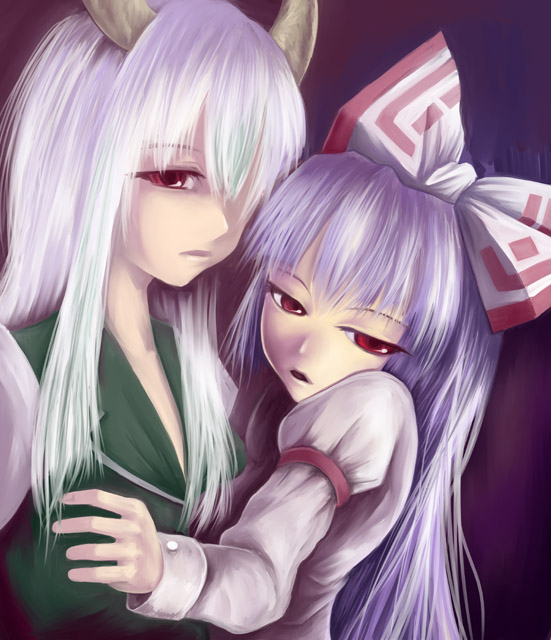 ex-keine, fujiwara no mokou, kamishirasawa keine, touhou, silver hair, 2girls, female focus, hair over one eye, horns, long hair, multiple girls, purple hair, red eyes