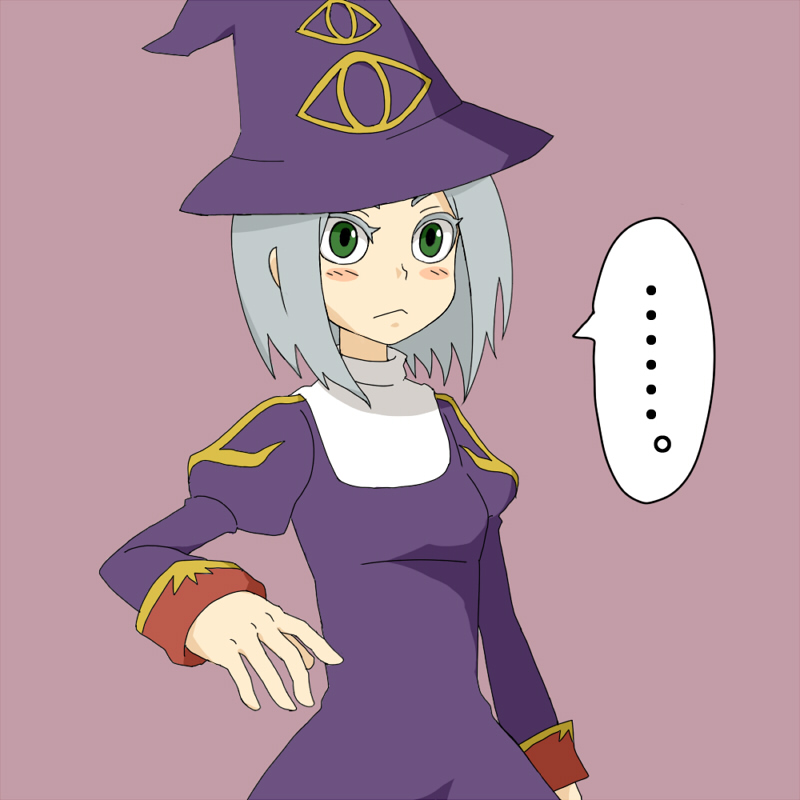 priest (ragnarok online), ragnarok online, commentary request, …, 1girl, blush, breasts, closed mouth, dress, expressionless, green eyes, grey hair, hat, juliet sleeves, long sleeves, looking at viewer, puffy sleeves, purple background, purple dress, purple hat, robert (pixiv194826), short hair, simple background, small breasts, solo, spoken ellipsis, upper body, witch hat