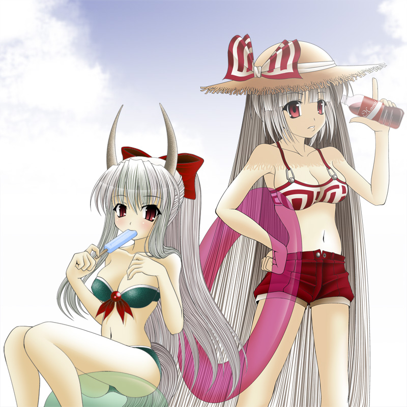 tatamiya, ex-keine, fujiwara no mokou, kamishirasawa keine, touhou, 2girls, ass, bikini, breasts, cleavage, female focus, food, gradient background, hat, horn ornament, horn ribbon, horns, innertube, medium breasts, multiple girls, outdoors, ponytail, popsicle, ribbon, sky, swim ring, swimsuit, white background