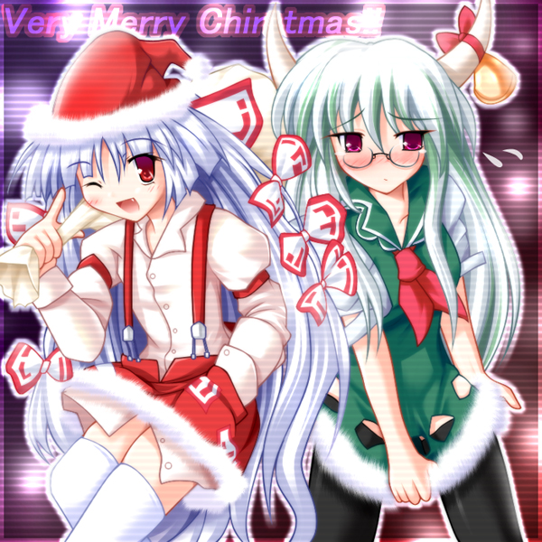 ai takurou, ex-keine, fujiwara no mokou, kamishirasawa keine, touhou, 2girls, adapted costume, bell, bespectacled, blush, christmas, fang, female focus, fur trim, glasses, hat, horn ornament, horn ribbon, horns, multiple girls, ribbon, santa hat, thighhighs