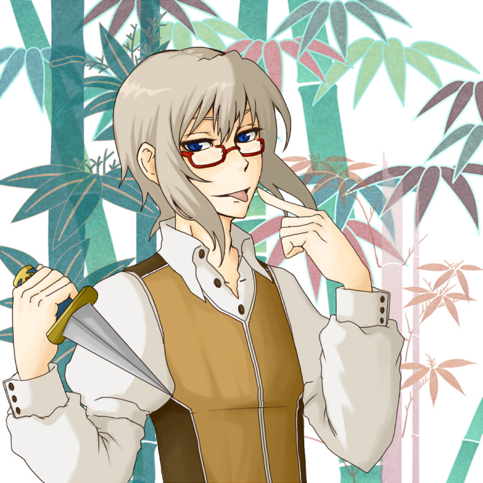 clown (ragnarok online), ragnarok online, commentary request, 1boy, bamboo, blue eyes, brown vest, collared shirt, dagger, glasses, grey hair, holding, holding dagger, holding knife, holding weapon, knife, looking at viewer, male focus, open mouth, red-framed eyewear, robert (pixiv194826), semi-rimless eyewear, shirt, short hair, solo, tongue, tongue out, under-rim eyewear, upper body, vest, weapon, white shirt